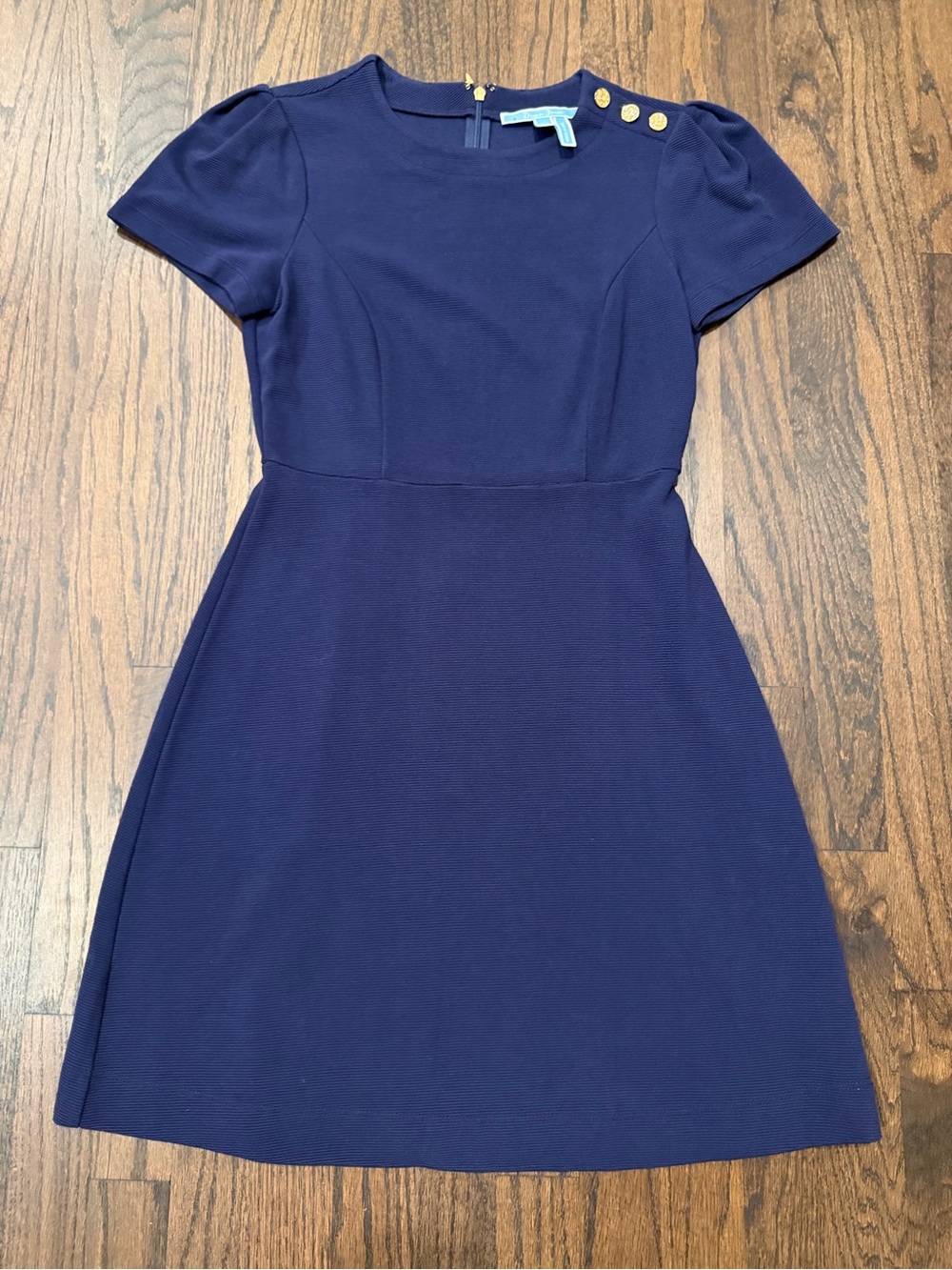 Draper James Navy Short-Sleeve Fit & Flare Dress with Gold Buttons